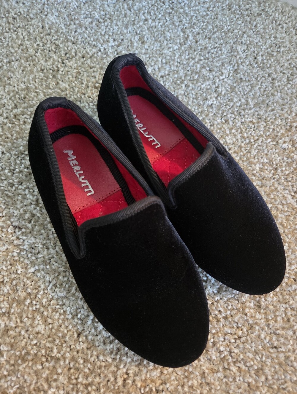 Merlutti Plain Black Velvet Red Sole Slip On Loafers Kids Size K1 Slipper Unisex